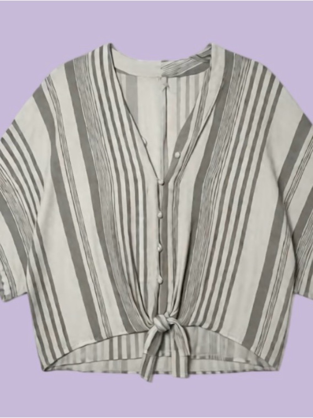 Striped Tie-Front Short Sleeve Top - Gray & White